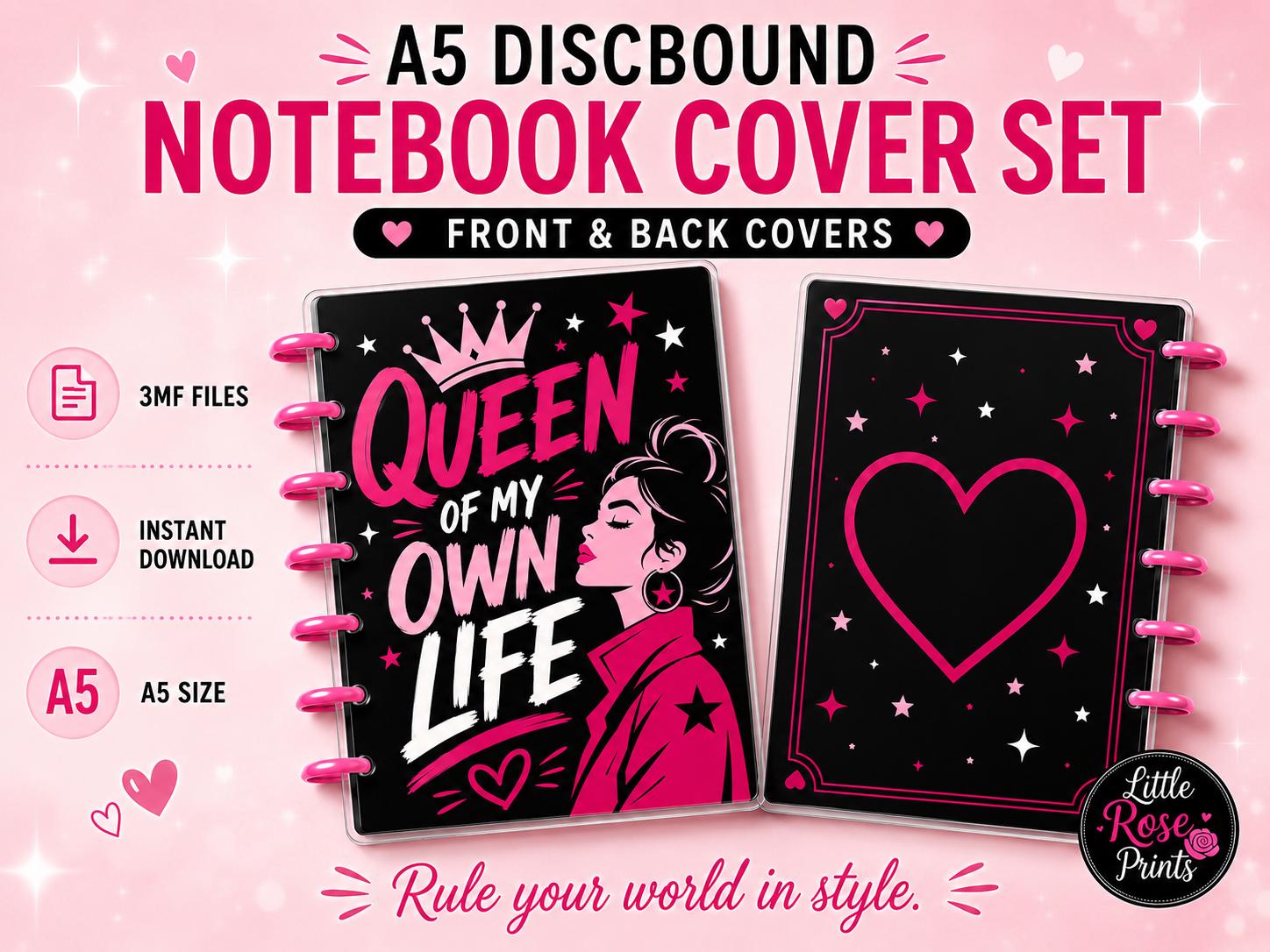 A5 Discbound Notebook Cover 3MF Bundle | 2 Feminine Designs, Queen Back Cover, Rings & Optional Discs | 3D Print Files