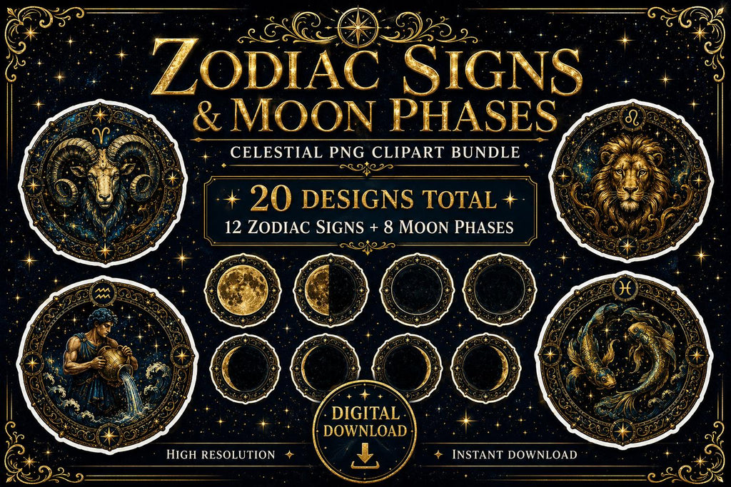 Zodiac Signs Clipart Bundle | Moon Phase PNG | Celestial Astrology Clip Art | 12 Zodiac PNG + 8 Moon Phases | Transparent Background