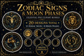 Zodiac Signs Clipart Bundle | Moon Phase PNG | Celestial Astrology Clip Art | 12 Zodiac PNG + 8 Moon Phases | Transparent Background