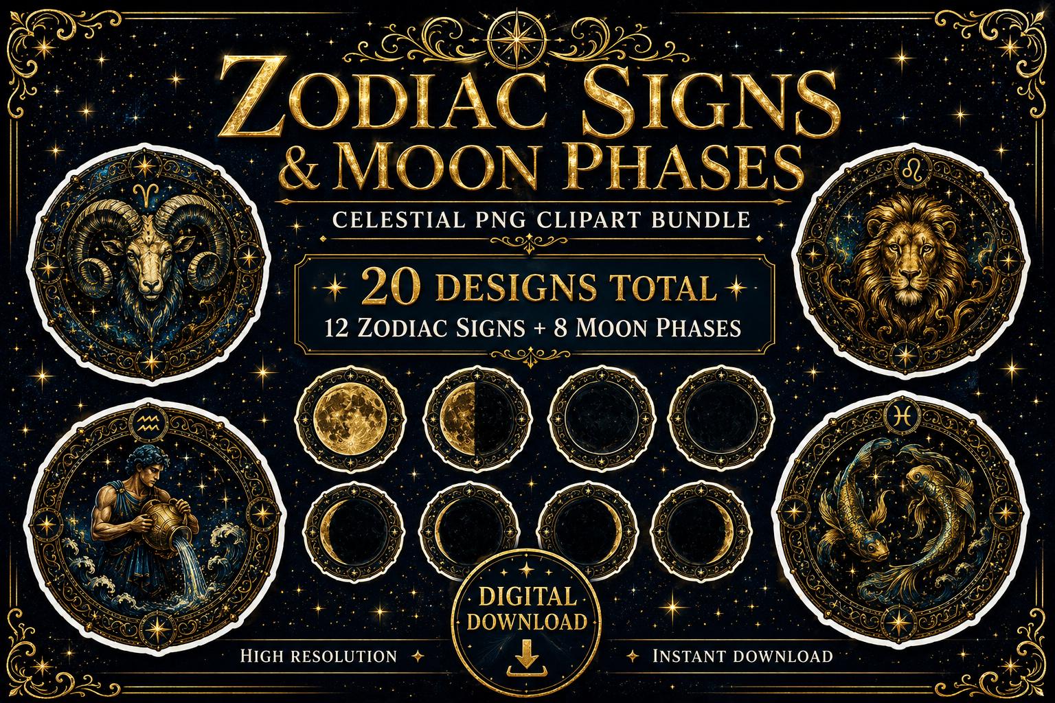 Zodiac Signs Clipart Bundle | Moon Phase PNG | Celestial Astrology Clip Art | 12 Zodiac PNG + 8 Moon Phases | Transparent Background