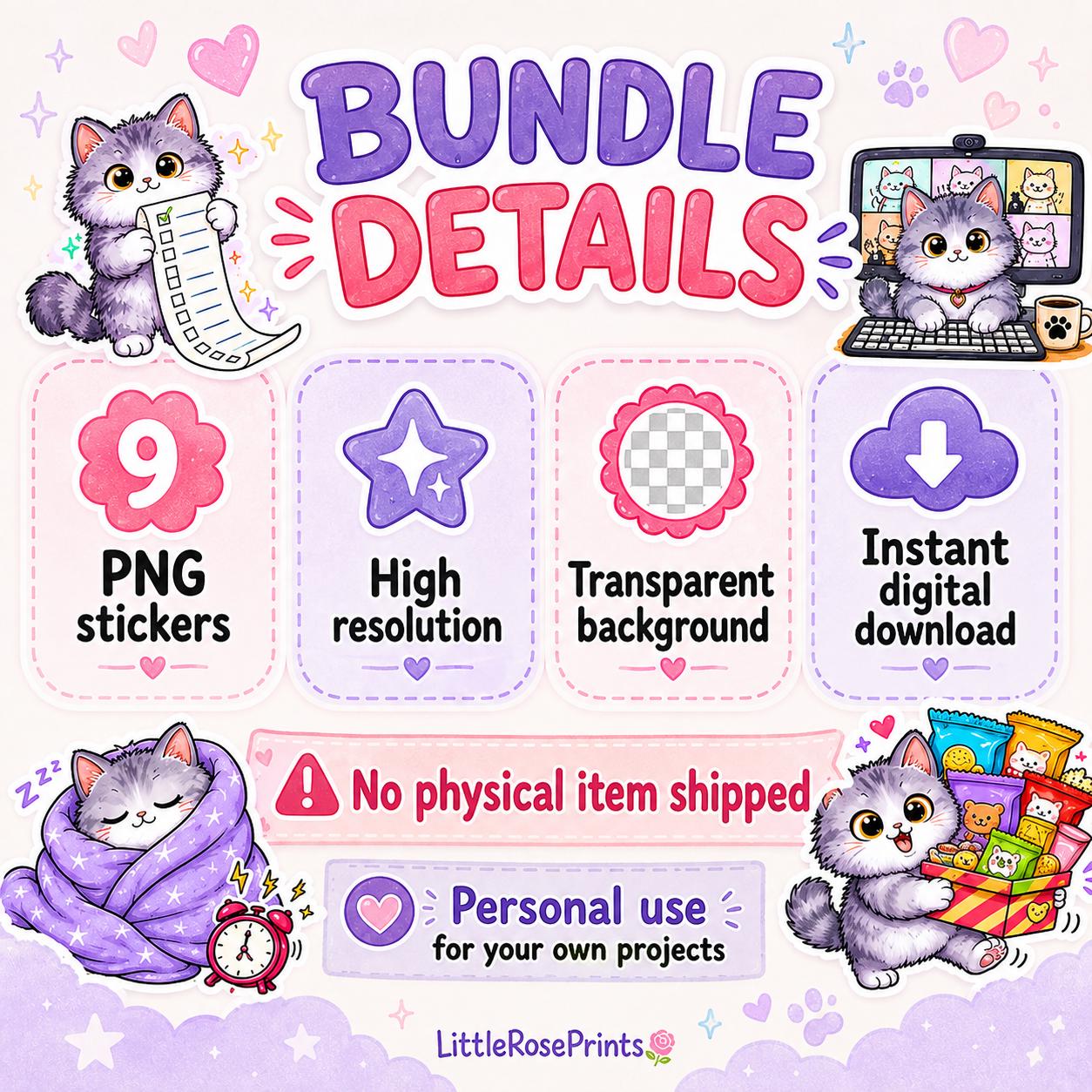 Kawaii Cat PNG Bundle, 9 Funny Digital Stickers for Planners, Journals & Print and Cut