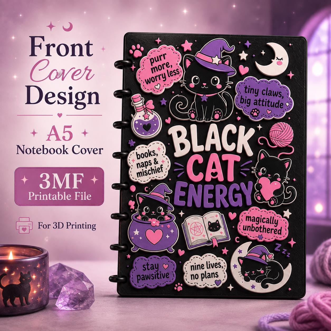 Kawaii Black Cat Energy A5 Notebook Cover 3MF Files | Discbound 3D Print Cover Set | Witchy Cat Planner | Digital Download