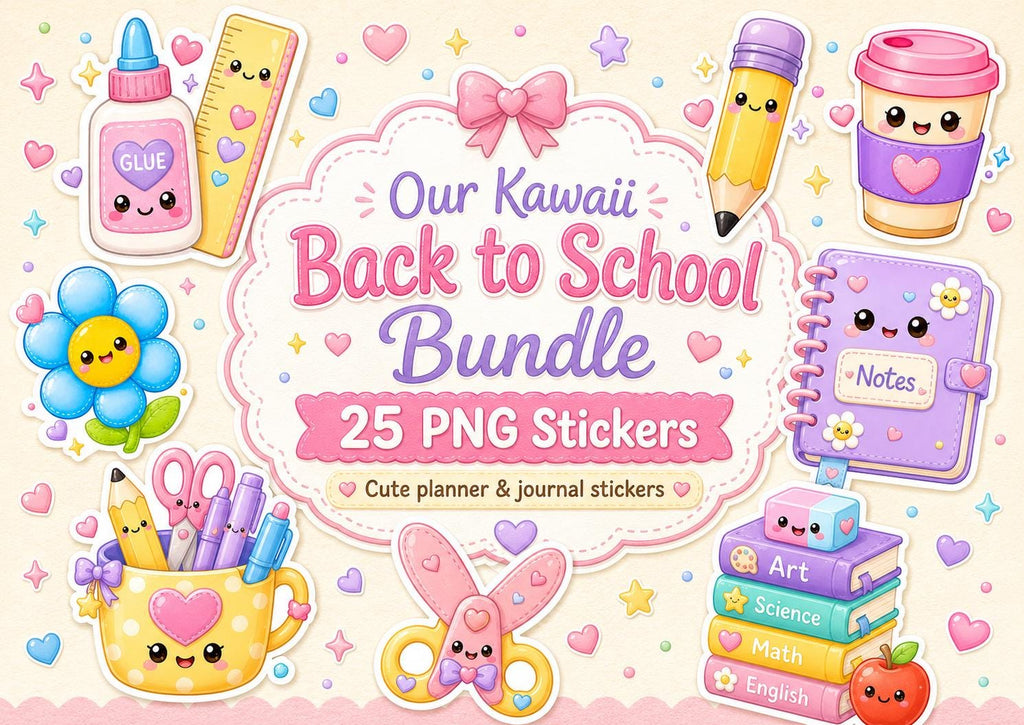 Kawaii Back to School PNG Sticker Bundle | 25 Cute Pastel School Clipart Stickers | Planner Journal Digital Download