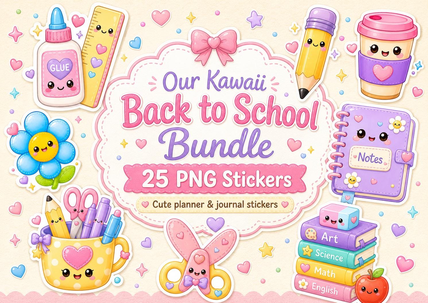 Kawaii Back to School PNG Sticker Bundle | 25 Cute Pastel School Clipart Stickers | Planner Journal Digital Download