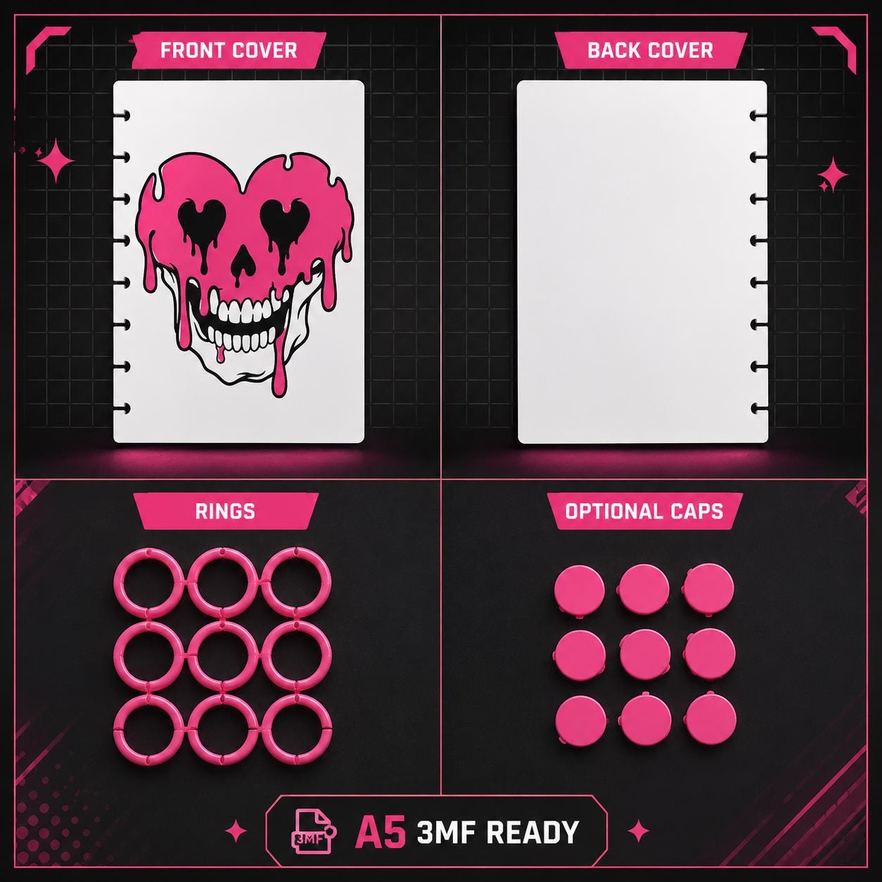 Drippy A5 Notebook Cover Bundle 3MF | 8 Designs, Front - Back Covers, Rings & Caps | 3D Printable Digital Download