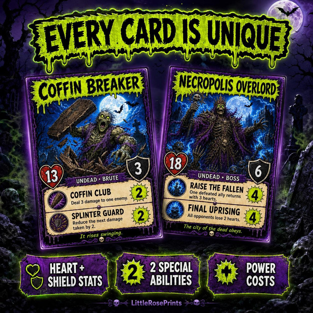 Undead Uprising Printable Battle Cards, 30 Zombie Game Cards, A4 & US Letter PDFs