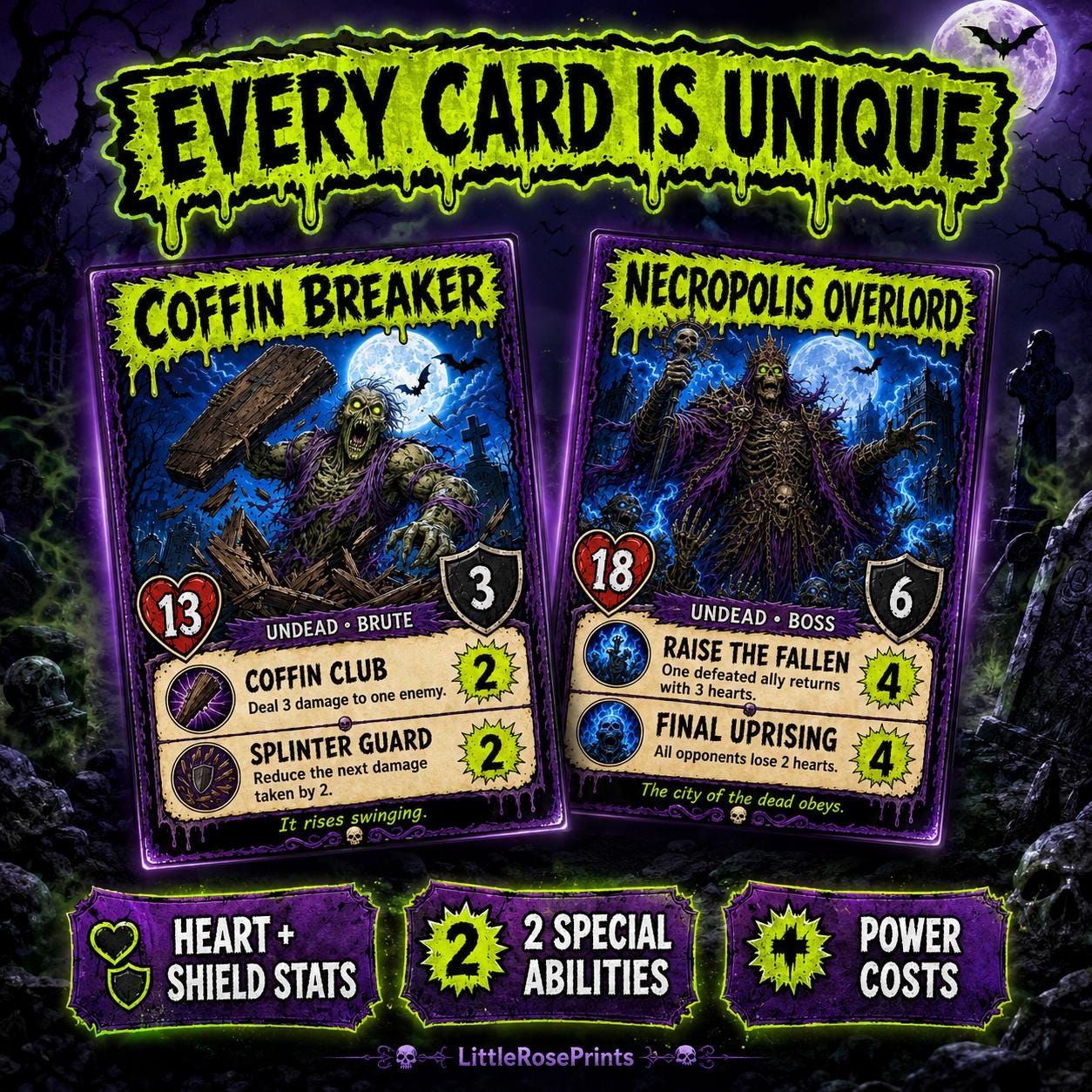 Undead Uprising Printable Battle Cards, 30 Zombie Game Cards, A4 & US Letter PDFs
