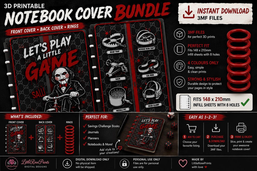 Horror Game A5 Notebook Cover 3MF Files, Discbound Cover and 8 Rings, Digital Download