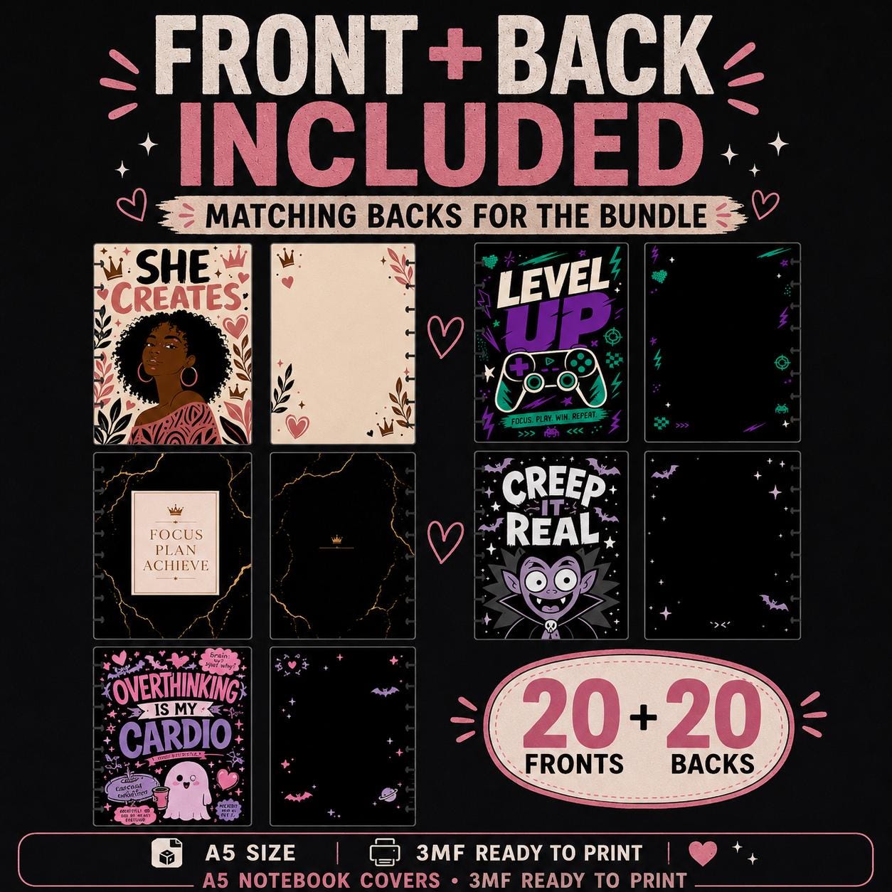 A5 Notebook Cover Bundle | 20 Unique 3MF Designs | Ready to Print | Random Mix Front & Matching Back Covers