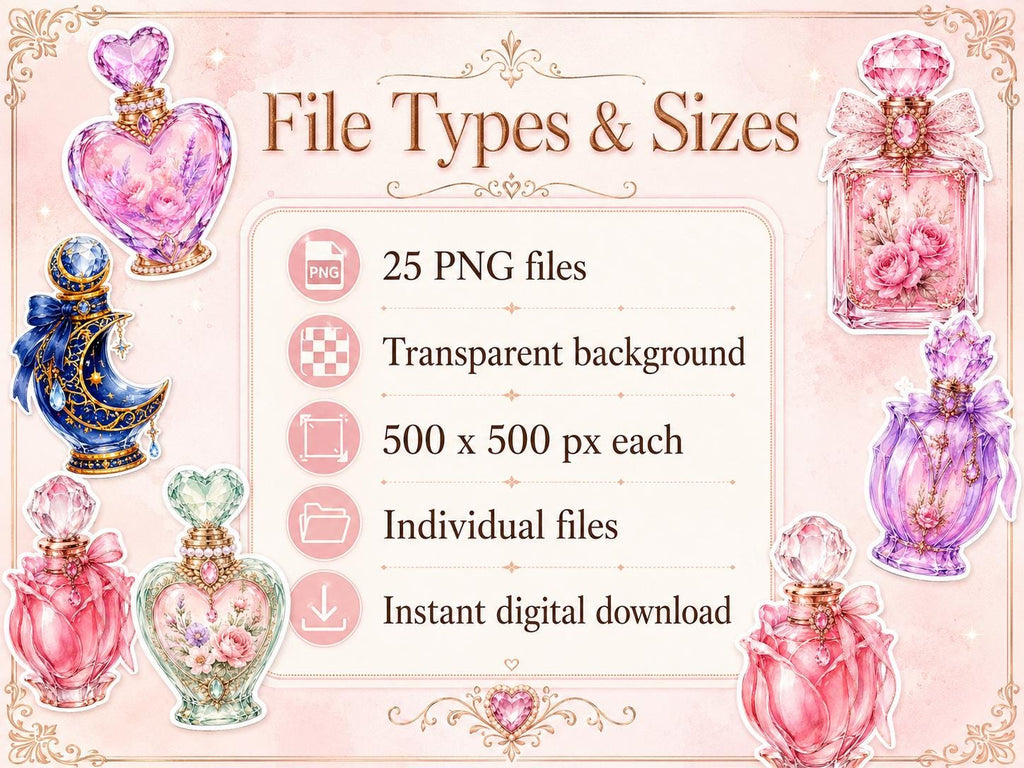 Perfume Bottle PNG Clipart Bundle, 25 Watercolor Floral Stickers for Journals and Scrapbooking