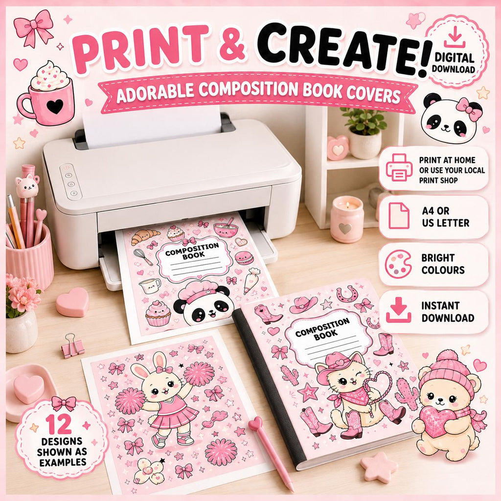 30 Kawaii Composition Notebook Covers, Printable A4 and US Letter Bundle, Cute Pink School Journal Covers, Instant Digital Download