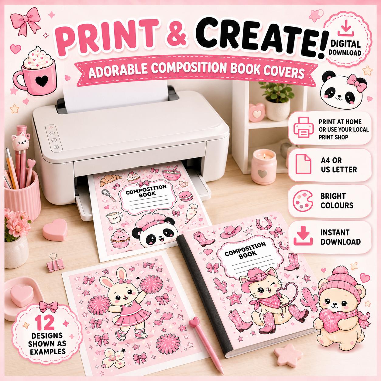 30 Kawaii Composition Notebook Covers, Printable A4 and US Letter Bundle, Cute Pink School Journal Covers, Instant Digital Download
