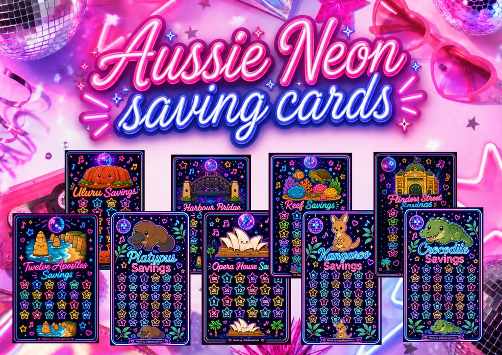 Neon Australian Savings Challenge Cards, Aussie Animals, Budget Tracker (Digital Download)