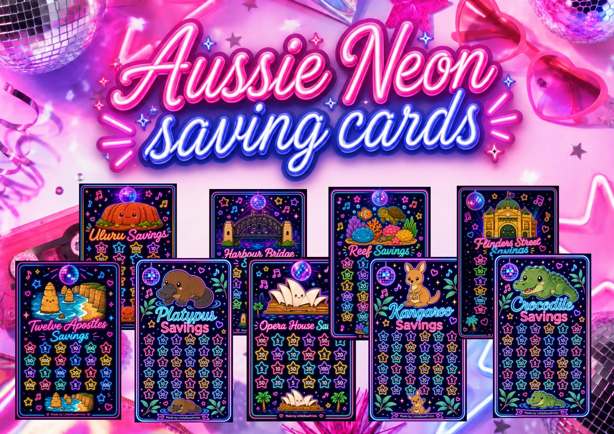 Neon Australian Savings Challenge Cards, Aussie Animals, Budget Tracker (Digital Download)