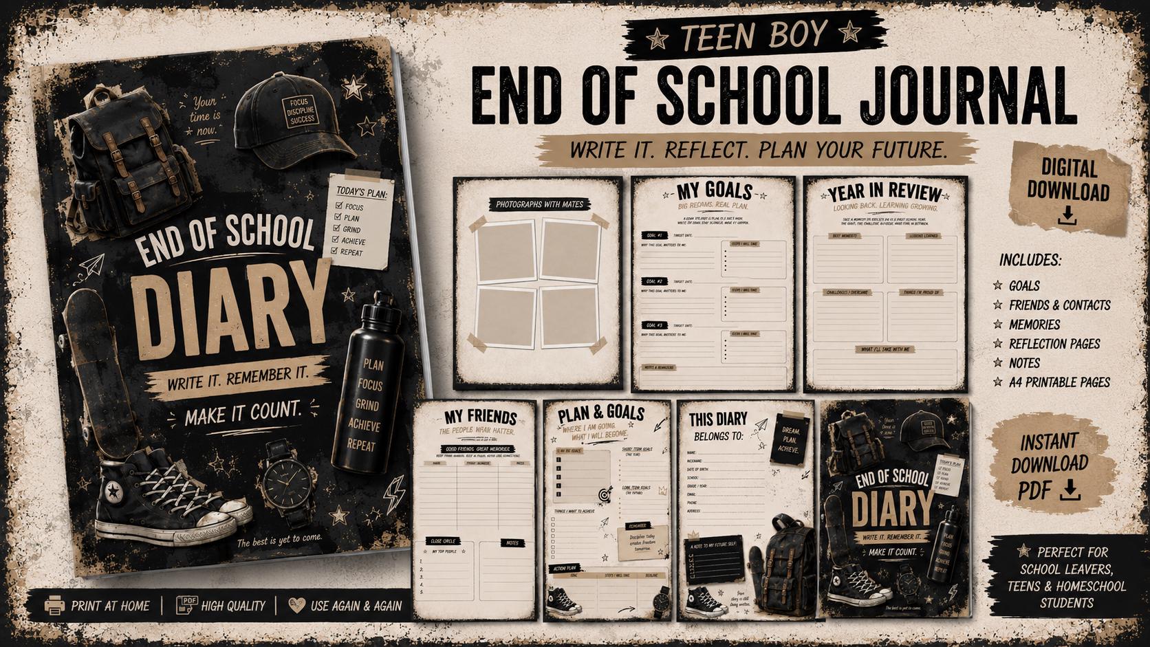Teen Boy End of School Journal | Grunge Scrapbook Diary (Digital Download PDF)