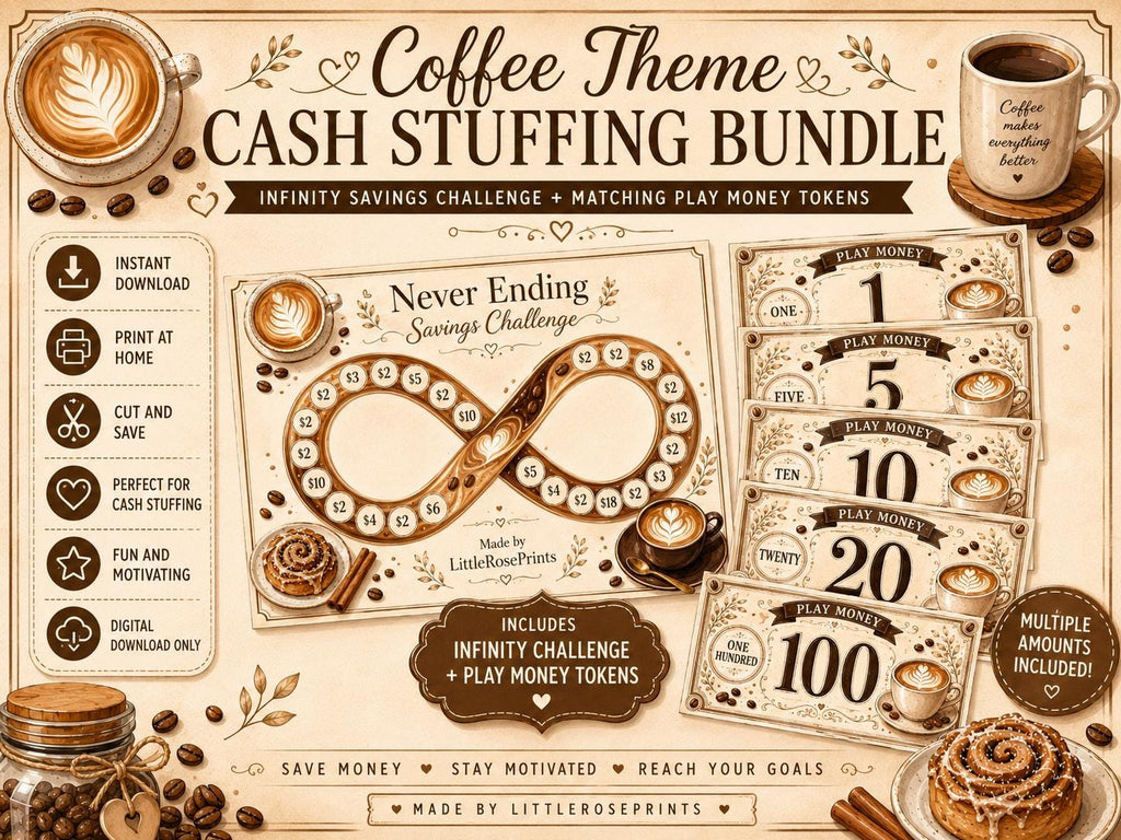 Coffee Savings Challenge Tracker | Infinity Cash Stuffing Bundle (PDF)