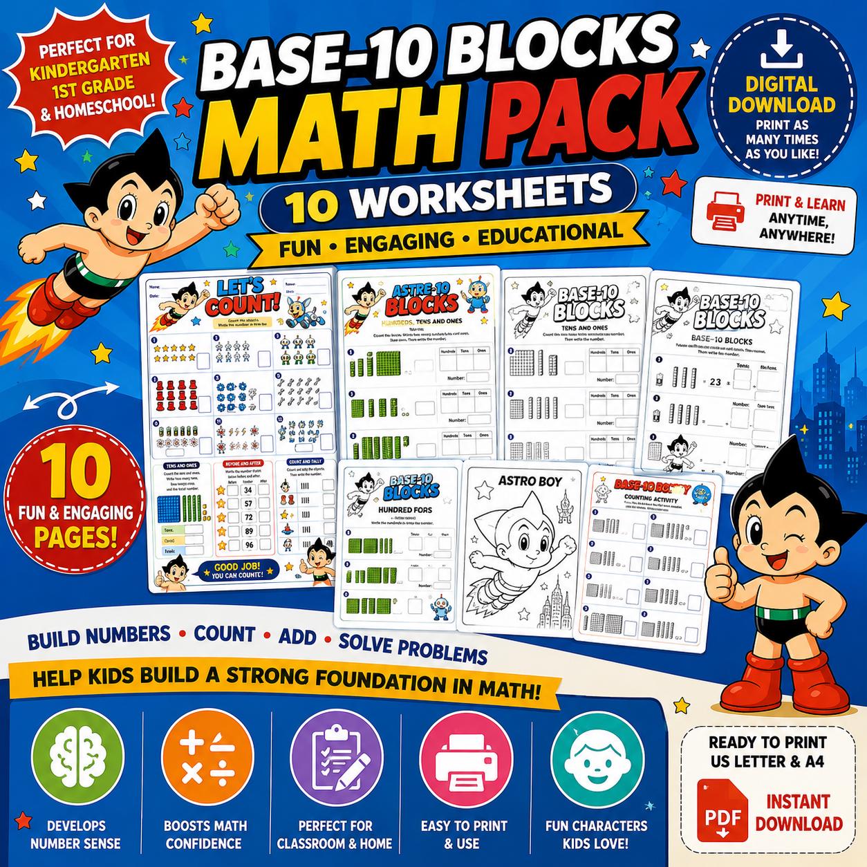 Base-10 Blocks Math Pack | 10 Counting Worksheets (Digital Download)