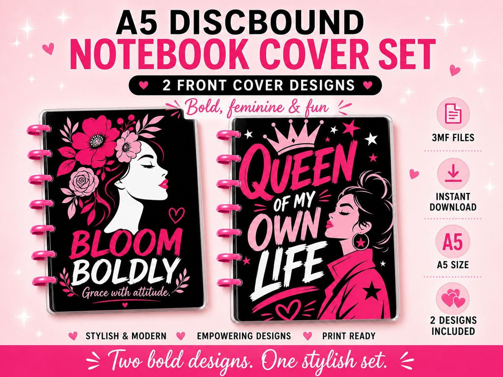 A5 Discbound Notebook Cover 3MF Bundle | 2 Feminine Designs, Queen Back Cover, Rings & Optional Discs | 3D Print Files