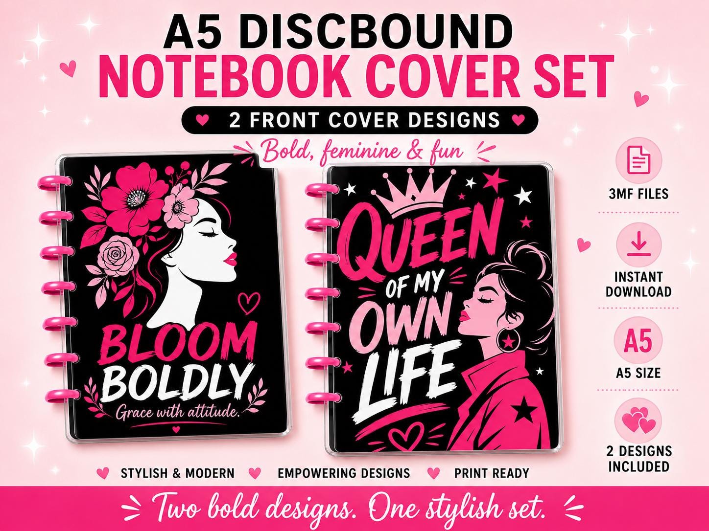 A5 Discbound Notebook Cover 3MF Bundle | 2 Feminine Designs, Queen Back Cover, Rings & Optional Discs | 3D Print Files