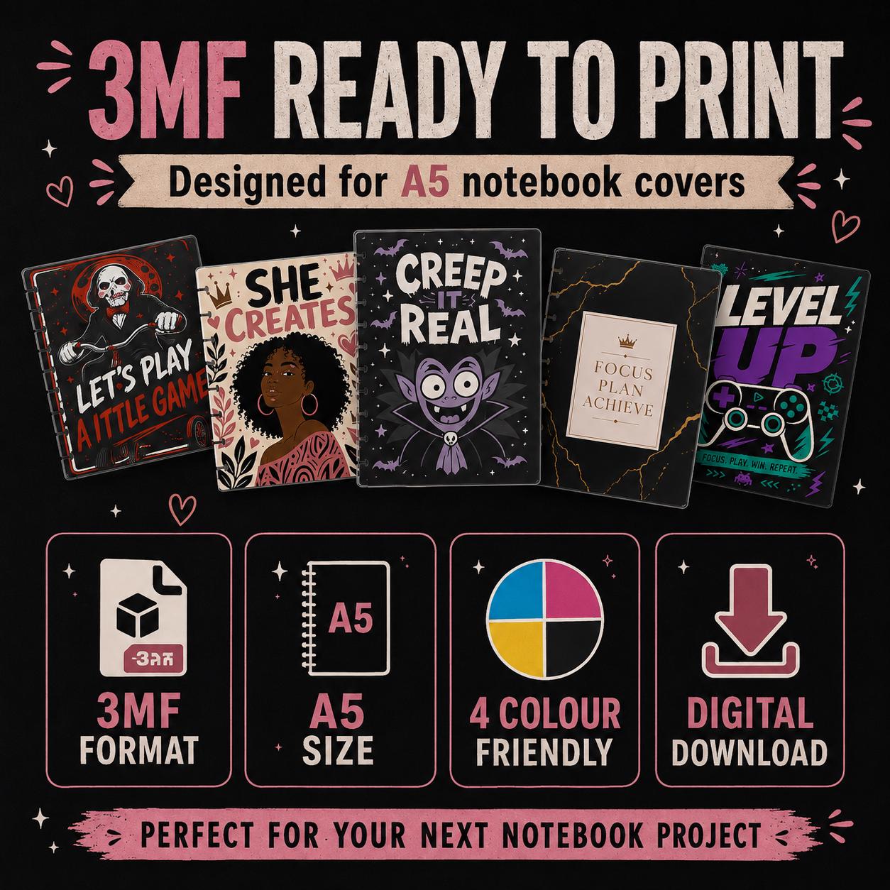 A5 Notebook Cover Bundle | 20 Unique 3MF Designs | Ready to Print | Random Mix Front & Matching Back Covers