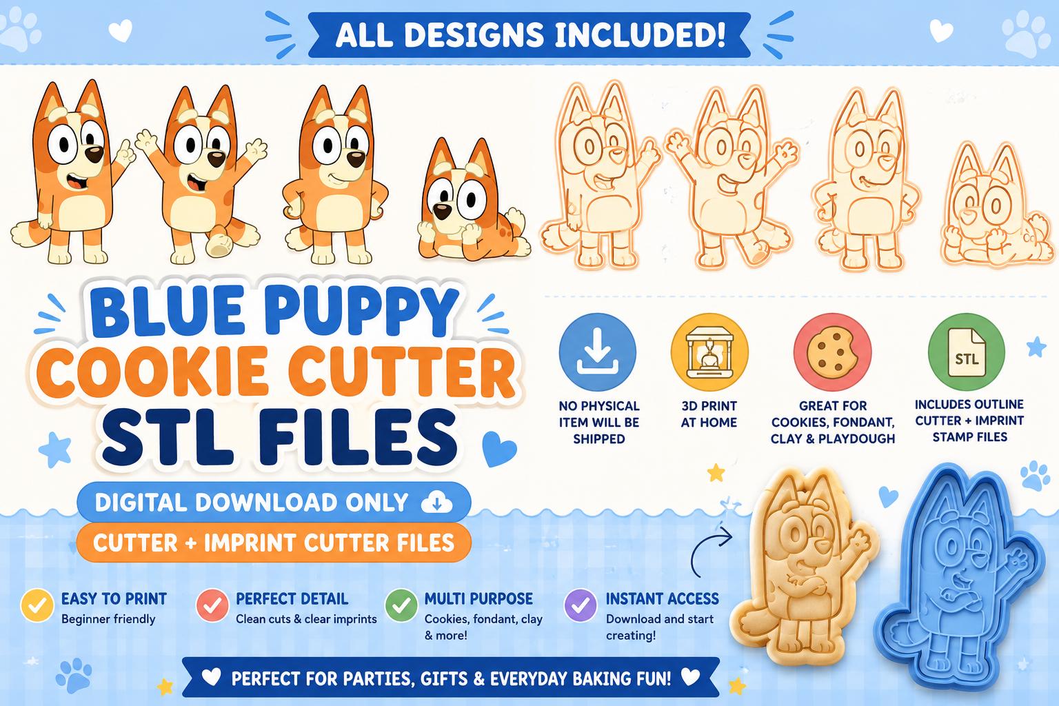 Blue Puppy Cookie Cutter STL Files | Heeler Cookie Imprint Stamp Bundle (Digital Download)