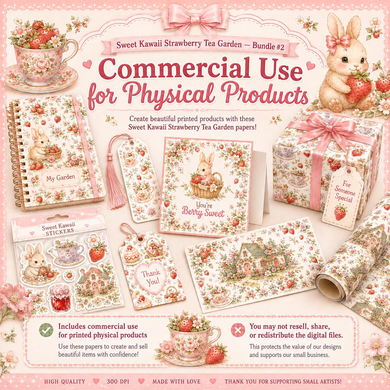 Strawberry Seamless Pattern Bundle, Kawaii Cottagecore Digital Paper, 12 Strawberry Tea Garden Papers, Scrapbook Paper, 300 DPI