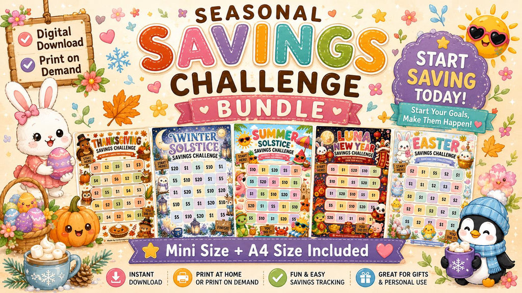 Savings Challenge Bundle PDF, 12 Seasonal Money Saving Trackers, A4 & Mini Cash Stuffing Printable