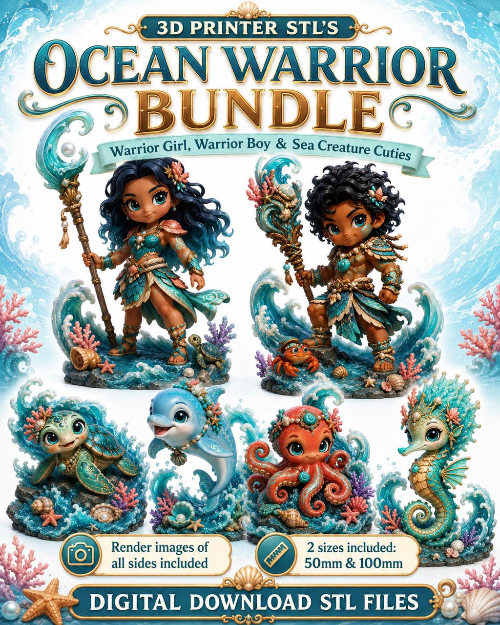 Ocean Warrior STL Bundle: 6 Fantasy Miniatures, 50mm and 100mm Digital Files