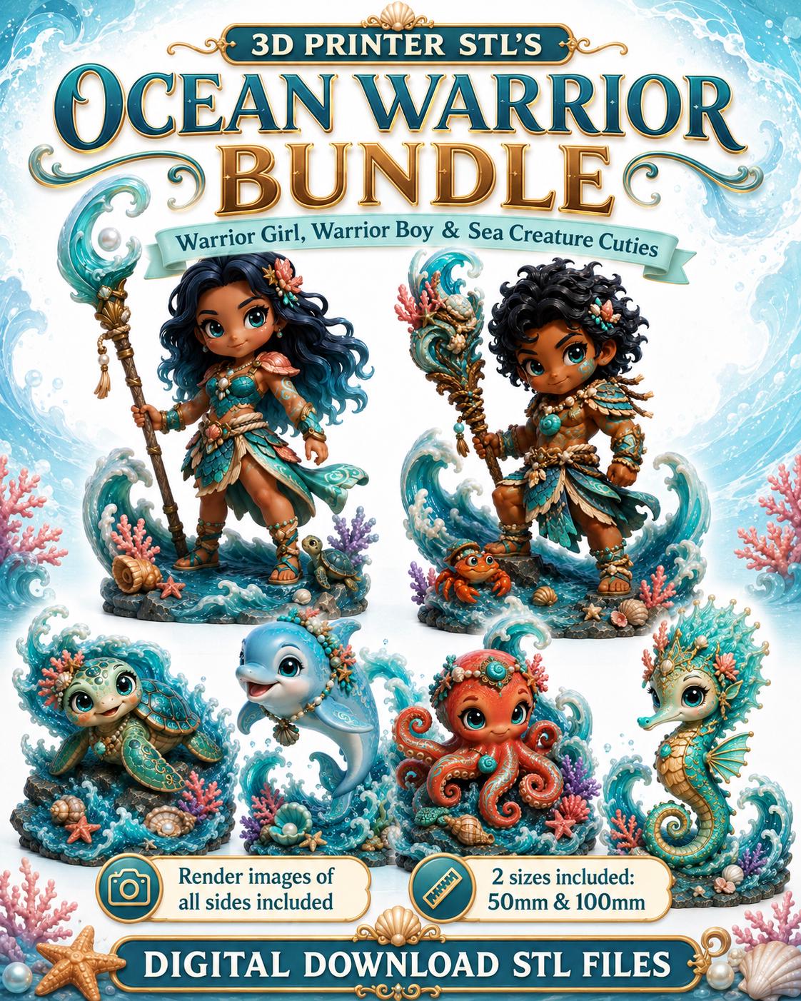 Ocean Warrior STL Bundle: 6 Fantasy Miniatures, 50mm and 100mm Digital Files