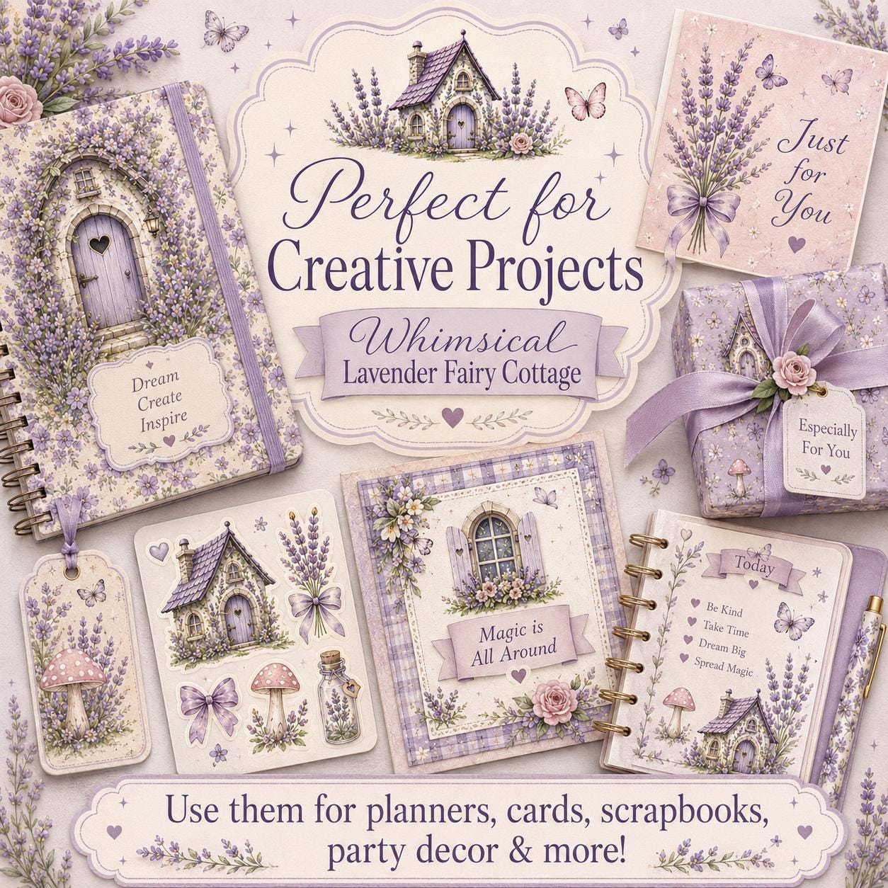 Lavender Fairy Cottage Digital Paper, Seamless Pattern Bundle, Whimsical Cottagecore Scrapbook Paper, Purple Floral Printable Paper
