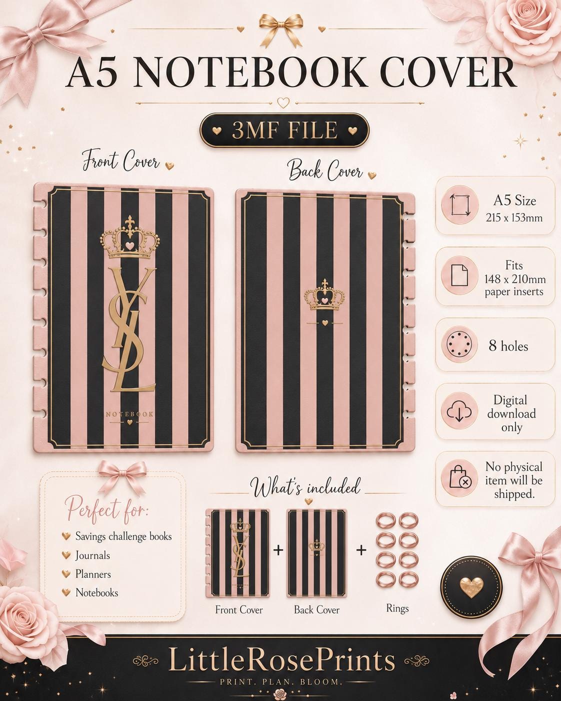 A5 Luxury Notebook Cover Bundle 3MF | 4 Front & 4 Back Covers | 3D Printable Planner Cover Set | Digital Download