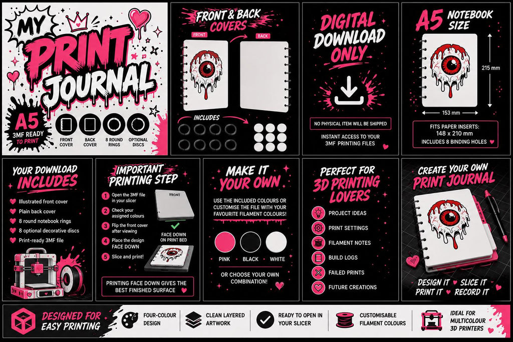 My Print Journal A5 Notebook Cover 3MF File | 3D Printer Project Journal | Front Back Covers Rings | Digital Download
