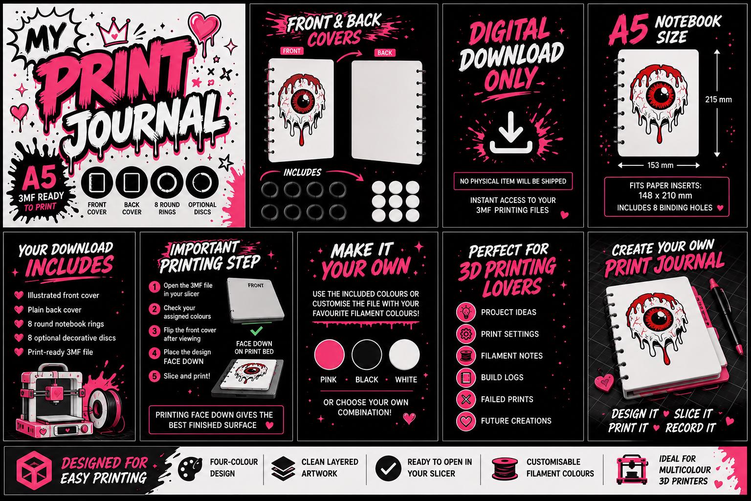 My Print Journal A5 Notebook Cover 3MF File | 3D Printer Project Journal | Front Back Covers Rings | Digital Download