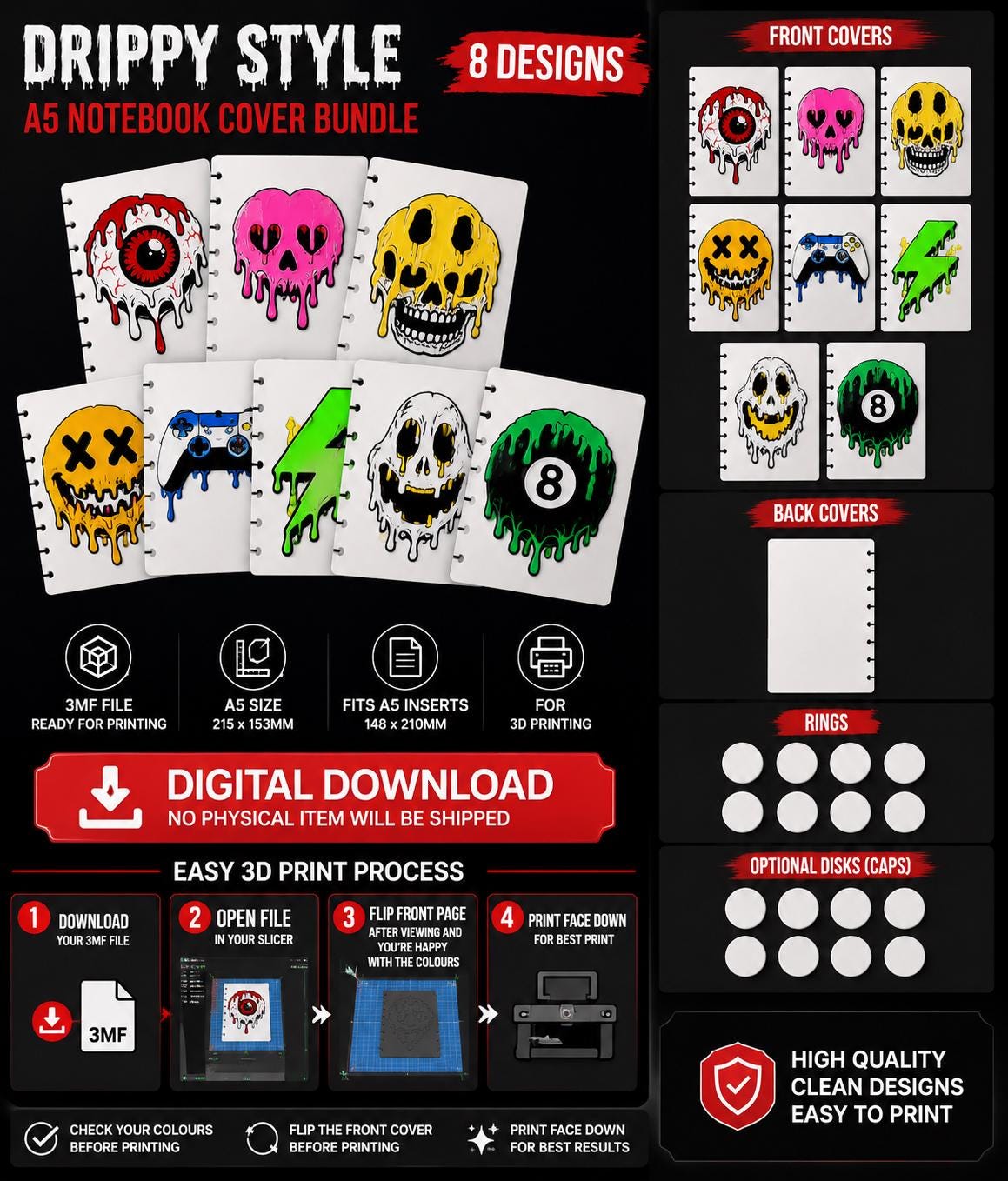 Drippy A5 Notebook Cover Bundle 3MF | 8 Designs, Front - Back Covers, Rings & Caps | 3D Printable Digital Download