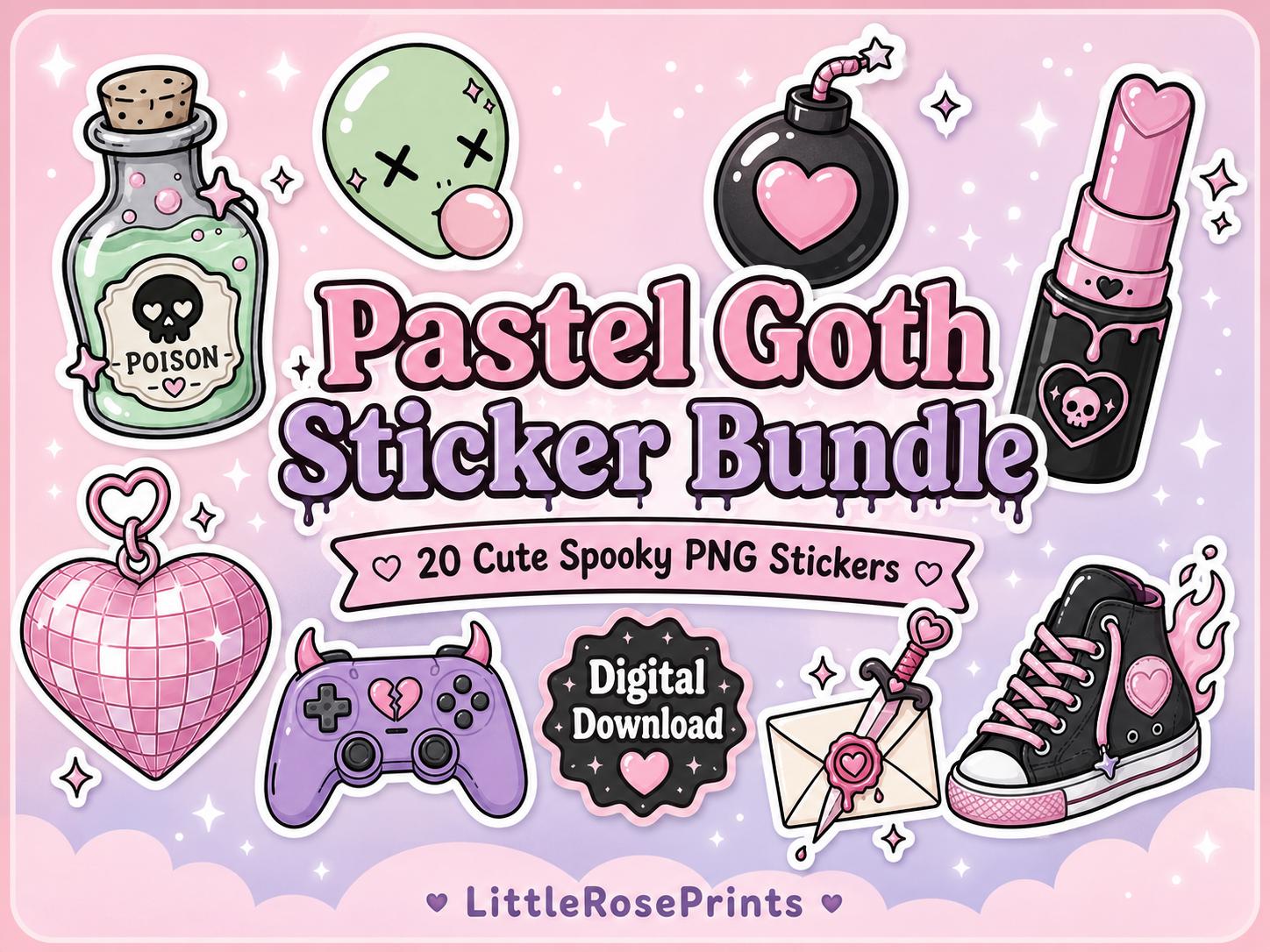 20 Pastel Goth PNG Stickers, Cute Creepy Y2K Clipart Bundle, Kawaii Emo Digital Download for Journals and Scrapbooking
