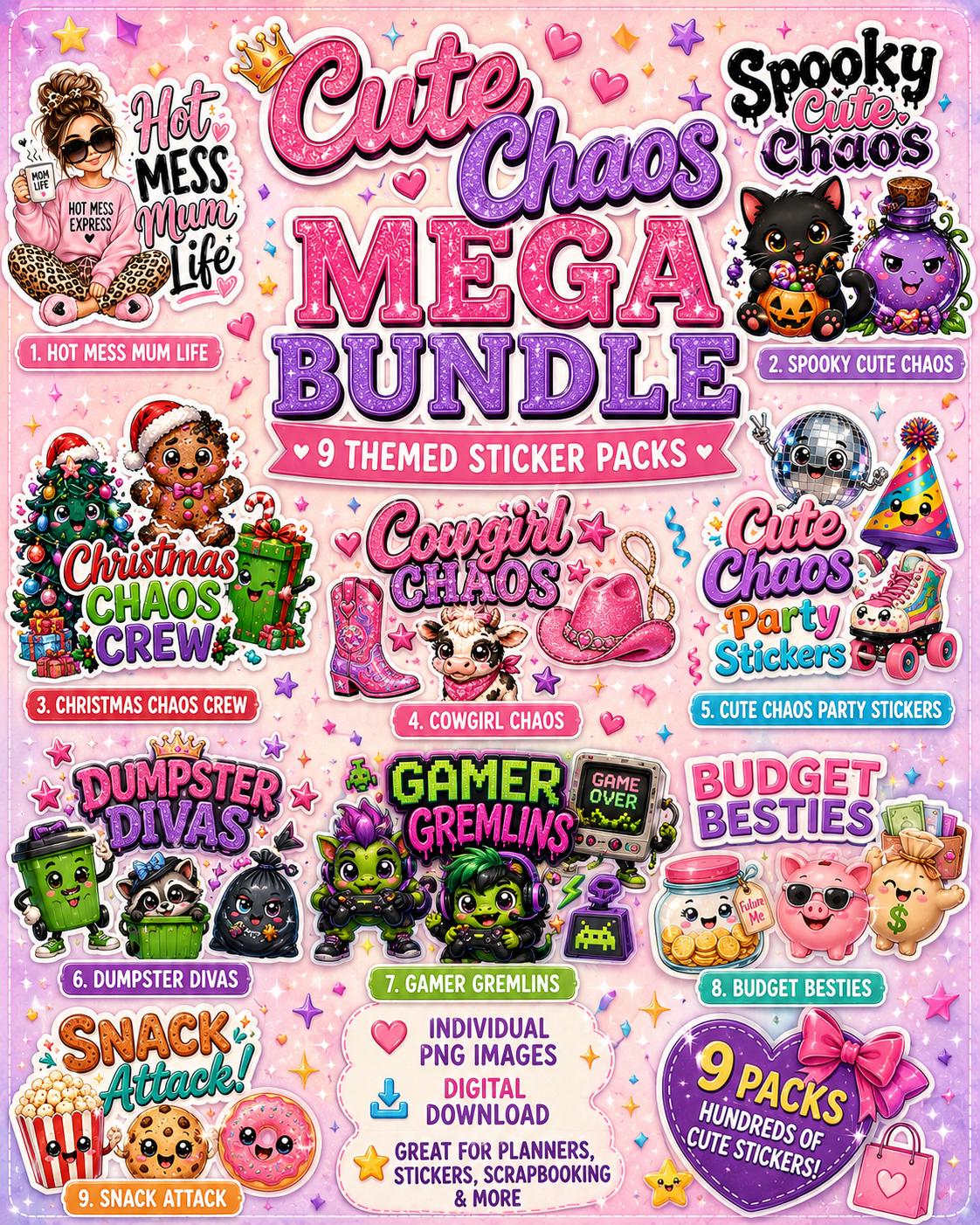 Mega Bundle 93 Cute PNG Stickers: Kawaii Clipart with 9 Themed Packs