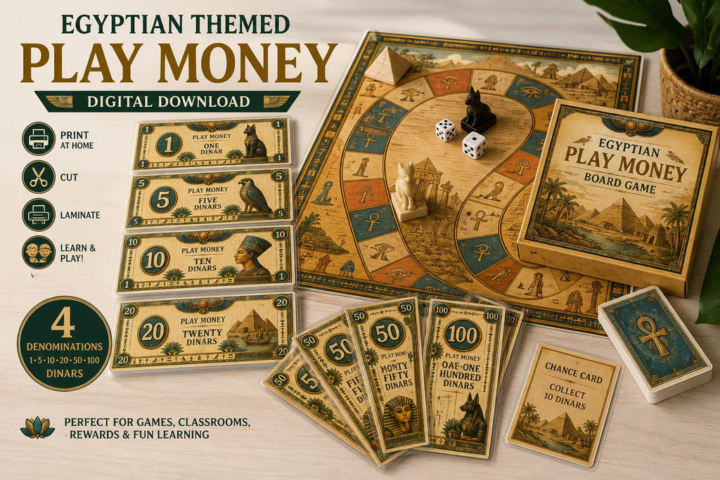 Egyptian Play Money Printable | Ancient Egypt Pretend Money 1 5 10 20 50 100 Dinars | Kids Learning Activity Digital Download | PDF
