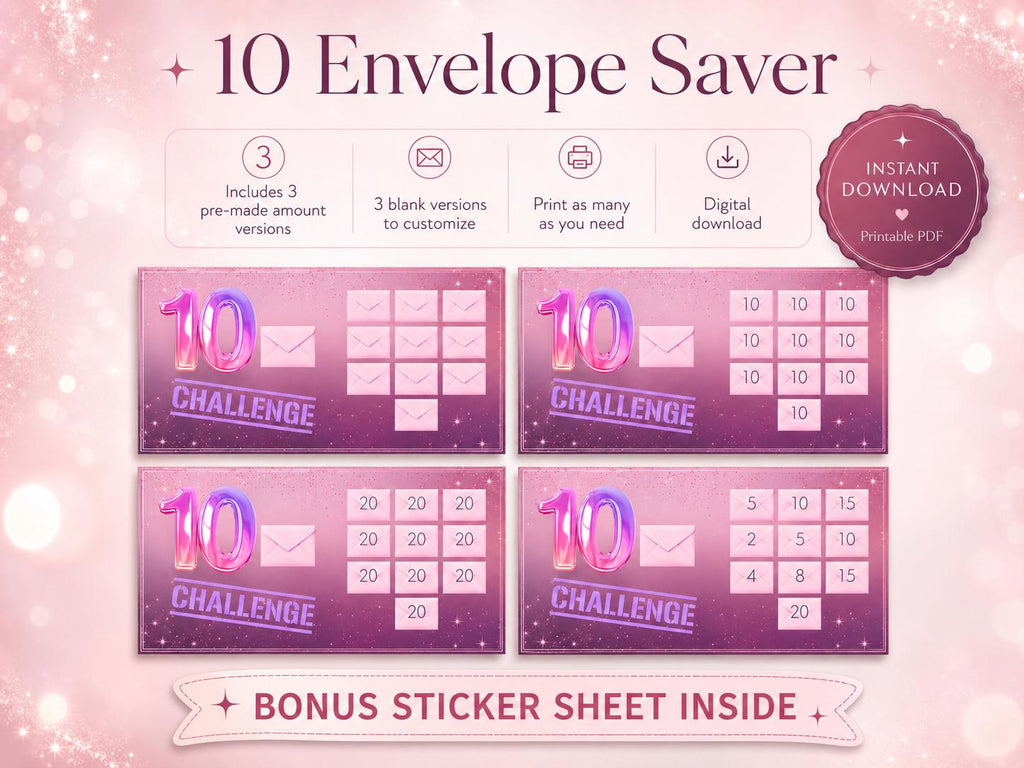 10 Envelope Saving Challenge Printable | Cash Stuffing Budget Tracker (PDF Download)