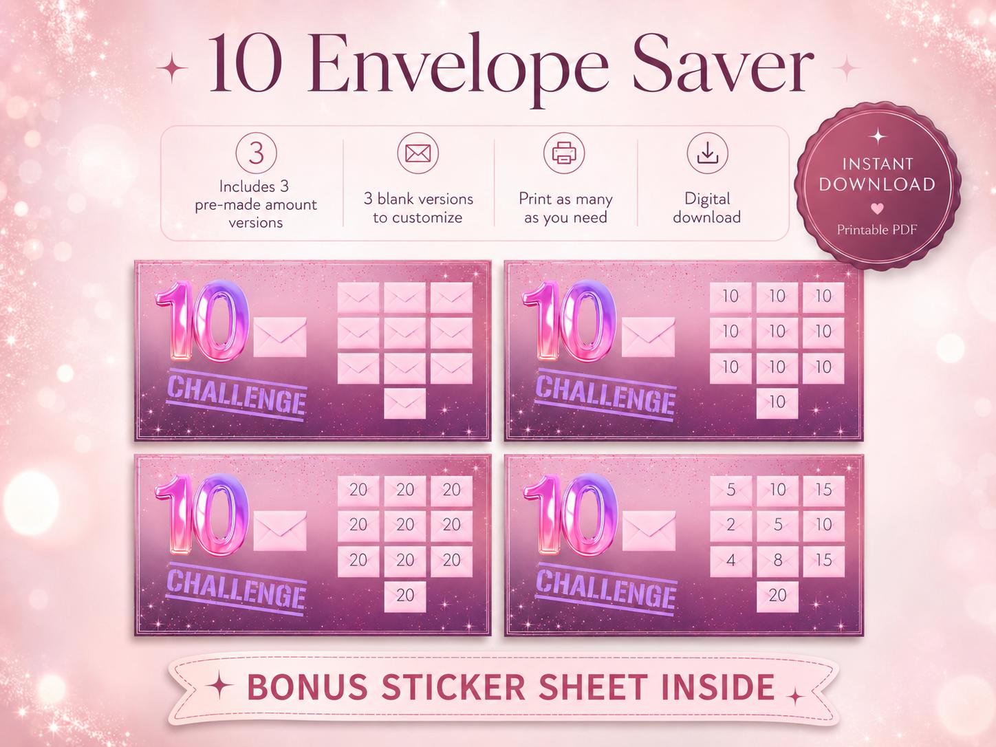10 Envelope Saving Challenge Printable | Cash Stuffing Budget Tracker (PDF Download)