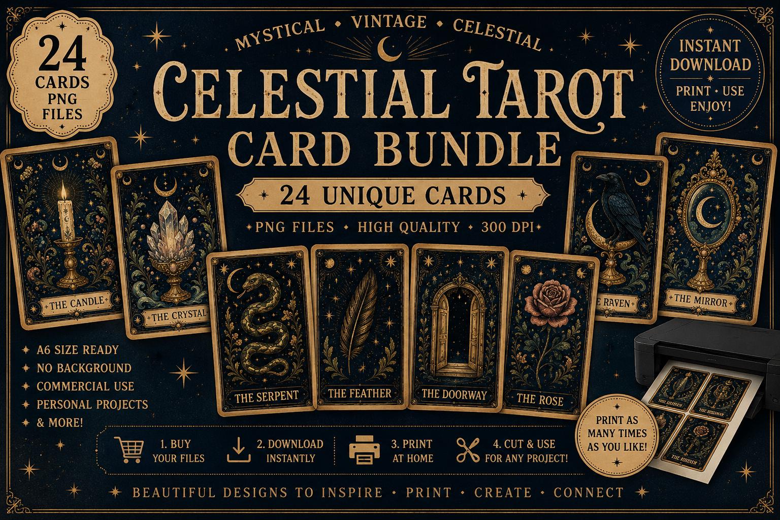 Mystical Tarot Style Oracle Cards | Witchy Printable PNG Card Bundle | Celestial Moon Digital Download