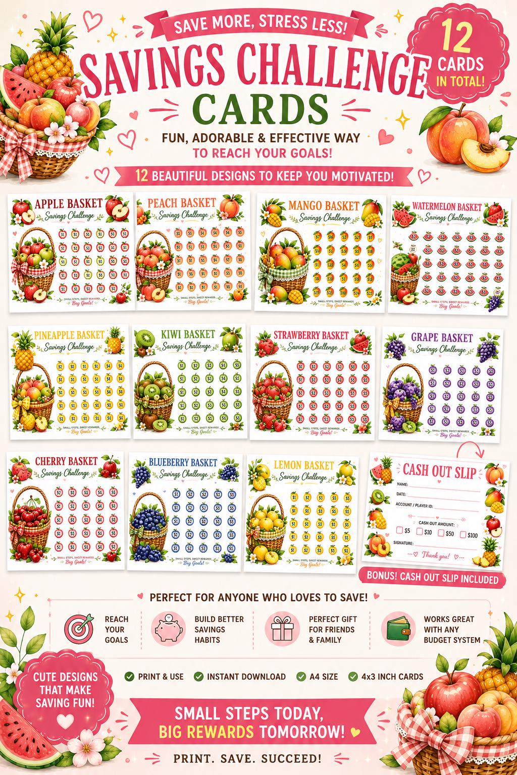 Fruit Savings Challenge Cards | Printable Money Tracker Bundle (4x3 Inch) (Digital Download)