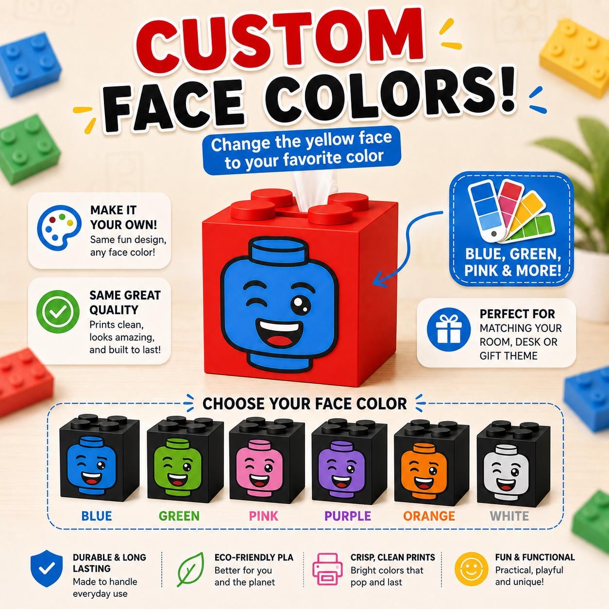Brick Face Tissue Box 3MF File | 3D Printable Tissue Holder | Fun Desk Decor | Kids Room Decor | Brick Inspired Gift | Digital Download