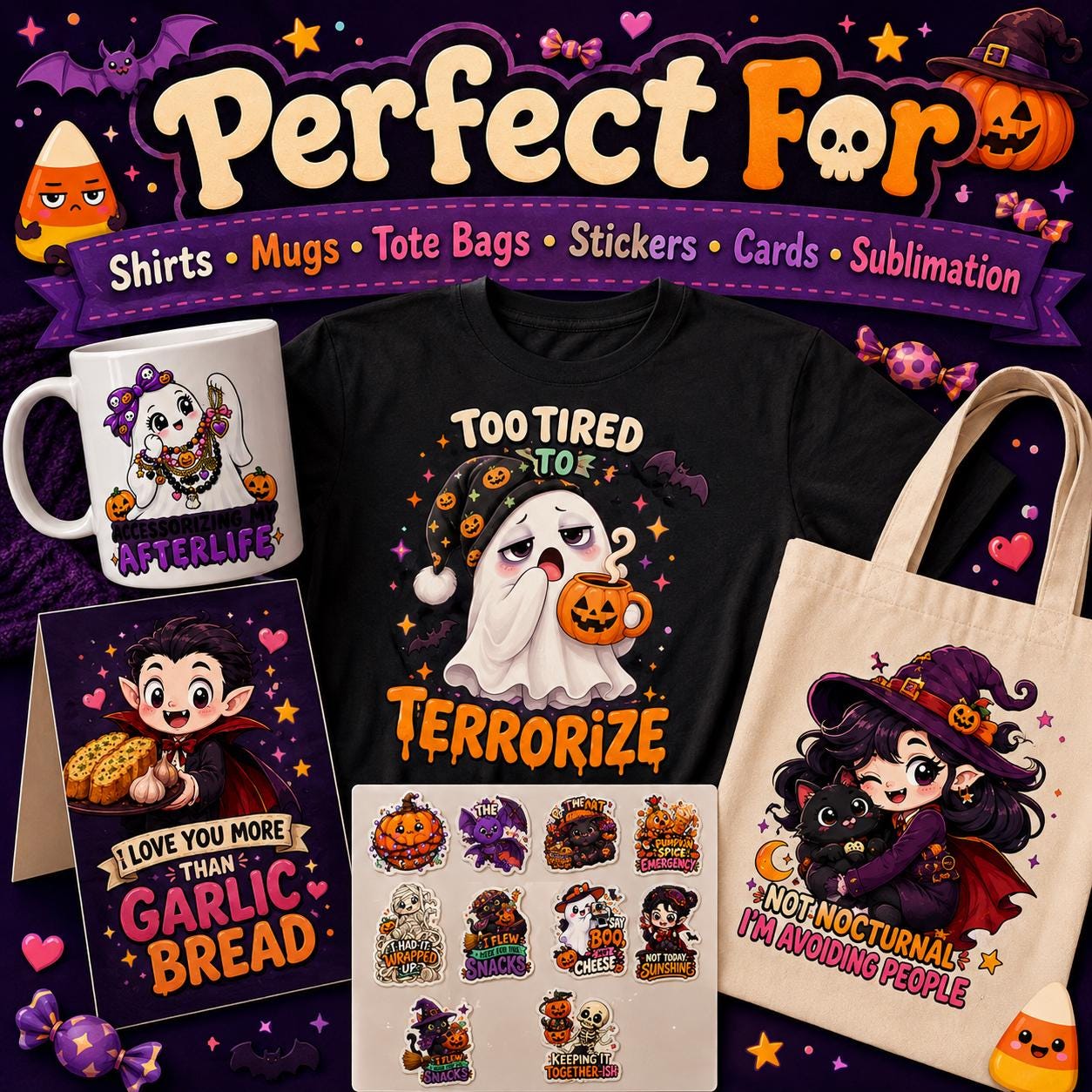 Halloween PNG Bundle, 38 Funny Cute Spooky Designs for Shirts, Stickers & Sublimation