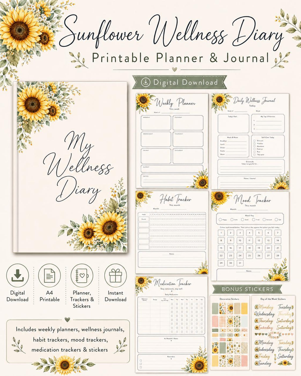 Sunflower Wellness Diary Printable Planner | Daily Journal, Habit Tracker (Digital Download)