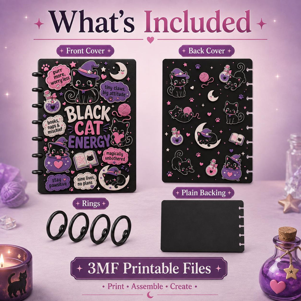 Kawaii Black Cat Energy A5 Notebook Cover 3MF Files | Discbound 3D Print Cover Set | Witchy Cat Planner | Digital Download