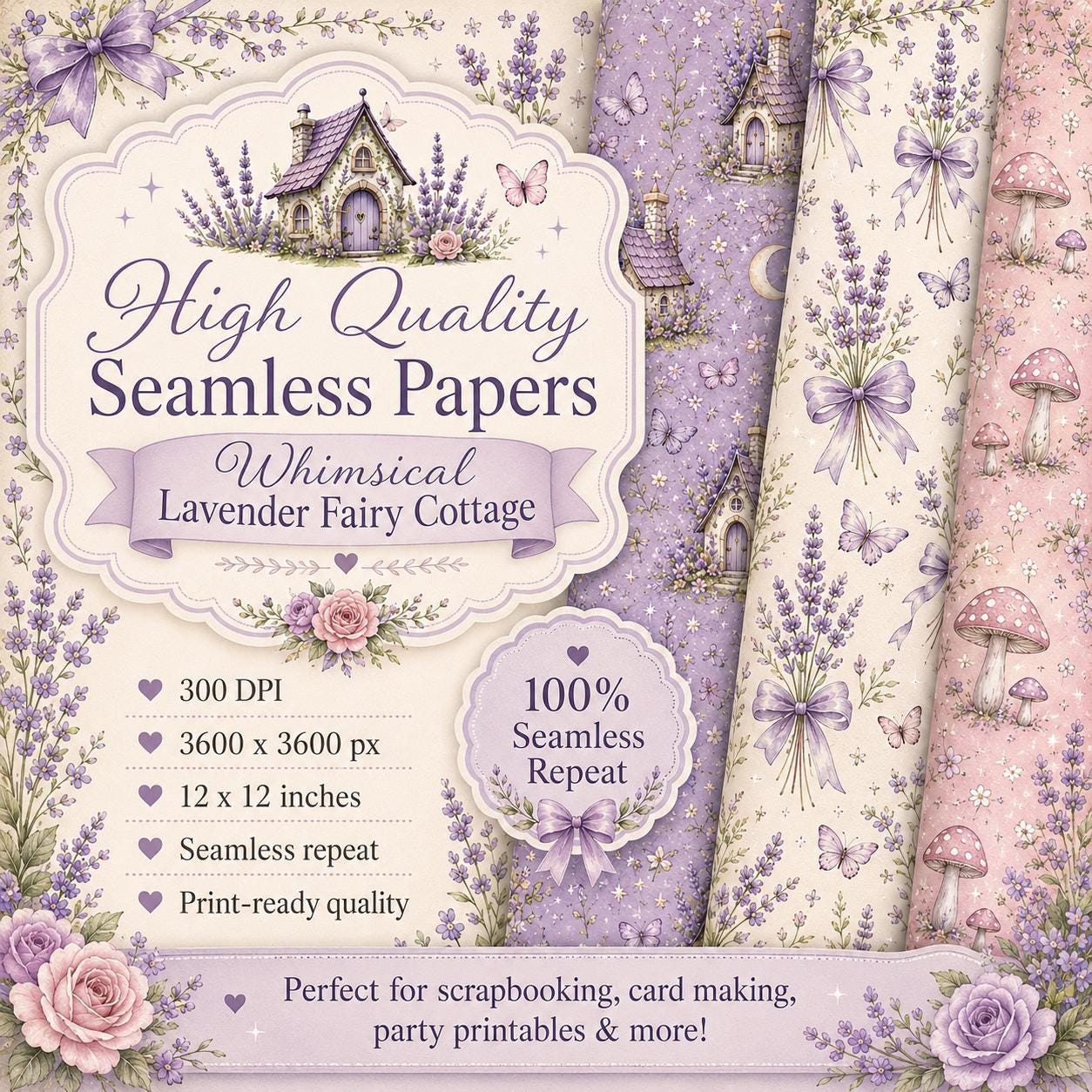 Lavender Fairy Cottage Digital Paper, Seamless Pattern Bundle, Whimsical Cottagecore Scrapbook Paper, Purple Floral Printable Paper