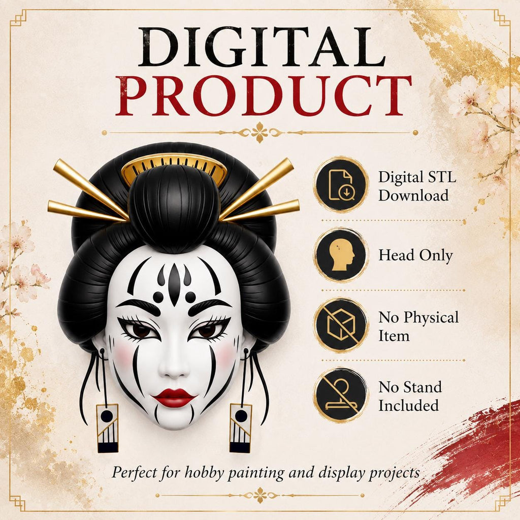 Geisha Head STL File | Japanese Inspired Female Face Sculpt | Resin 3D Printing Model | Miniature Painting Hobby Digital Download