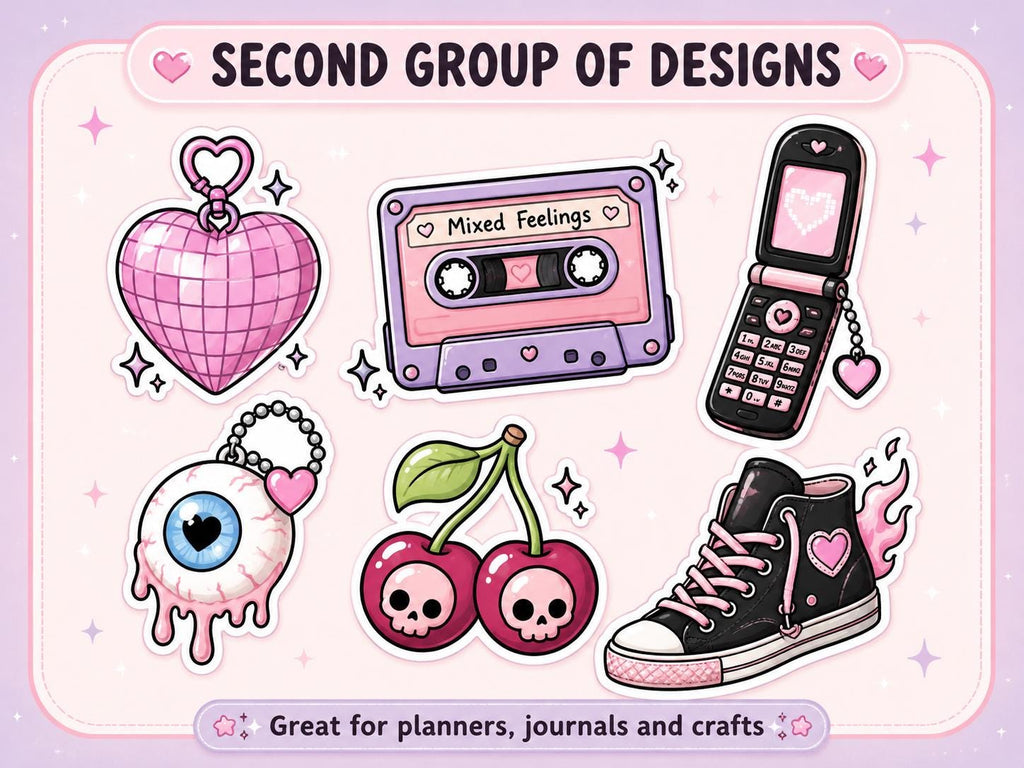 20 Pastel Goth PNG Stickers, Cute Creepy Y2K Clipart Bundle, Kawaii Emo Digital Download for Journals and Scrapbooking