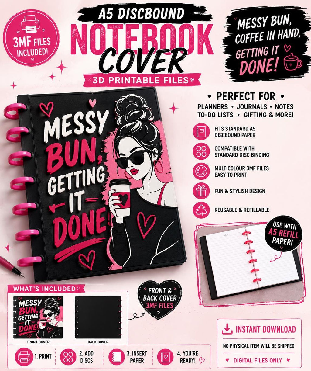 Messy Bun A5 Discbound Notebook Cover 3MF Files | Getting It Done Notebook | 3D Printable Planner Cover | Digital Download