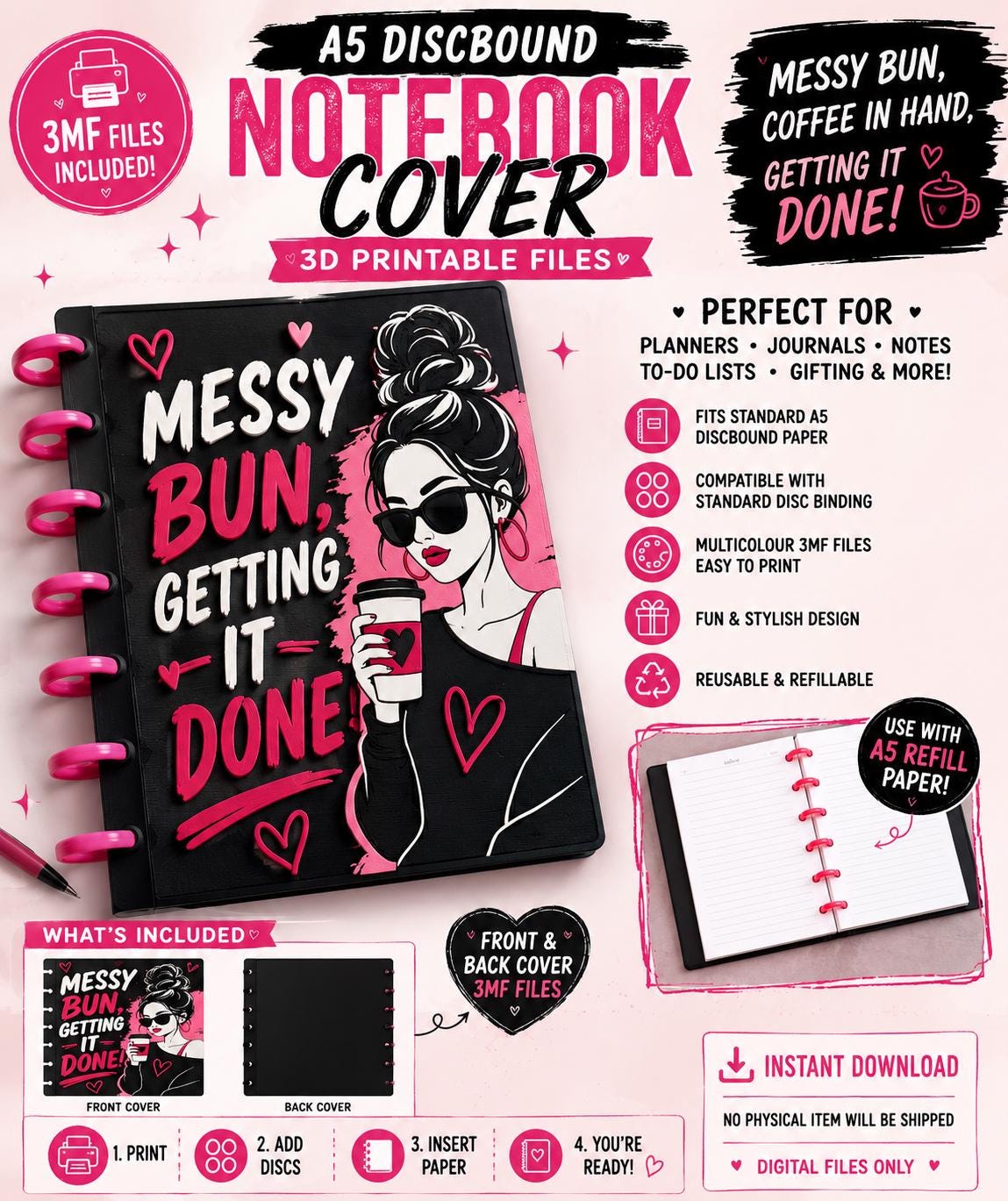Messy Bun A5 Discbound Notebook Cover 3MF Files | Getting It Done Notebook | 3D Printable Planner Cover | Digital Download